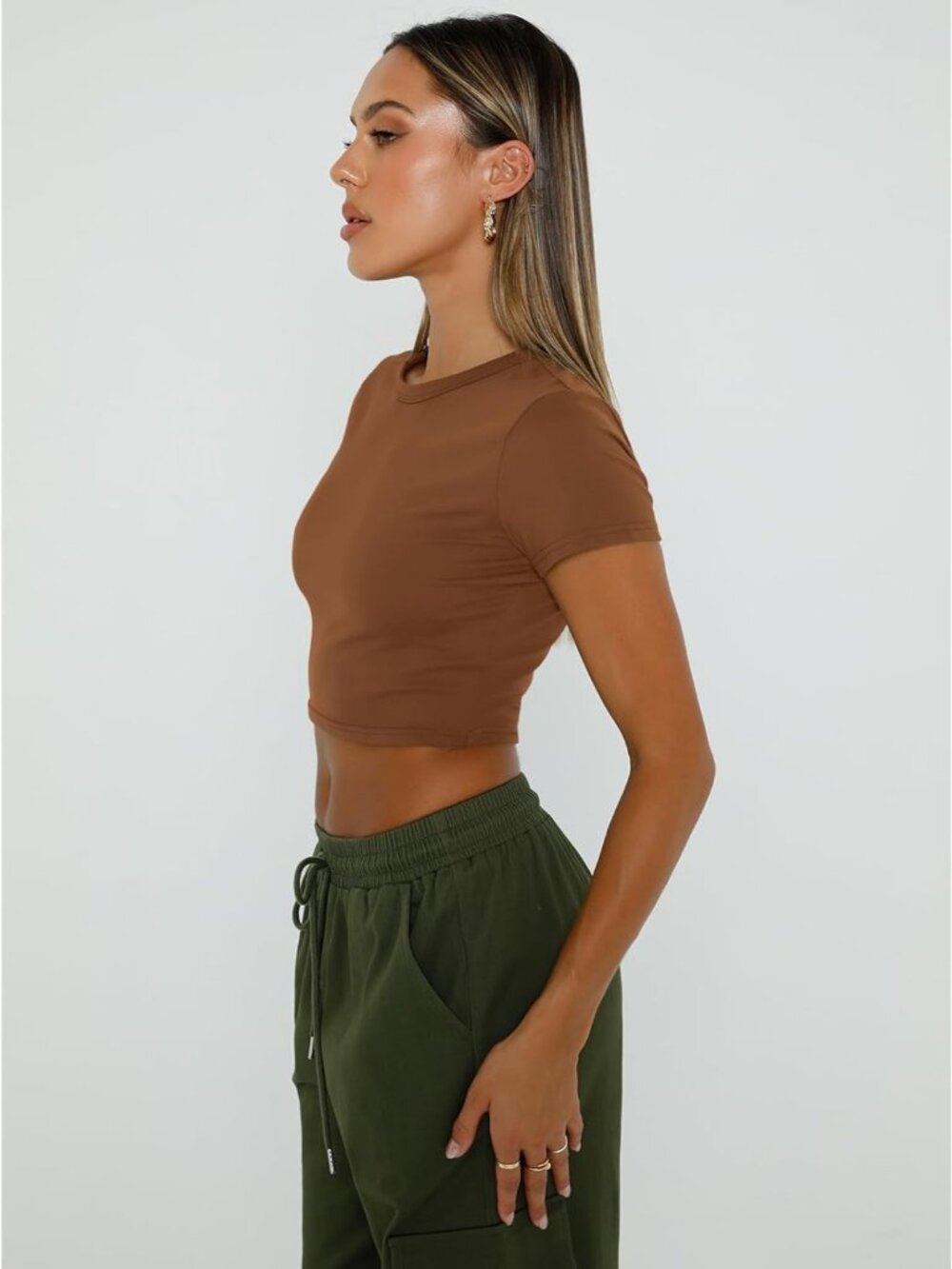 Women's Brown Crew Neck Basic Slim Fit Trendy Short Sleeve Crop Tops - Picture 4 of 5